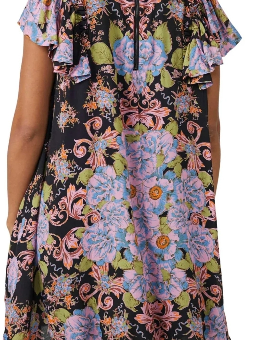 Free People Black Flowers Floral Swing Dress with Pink & Blue Flowers - Picture 3 of 11